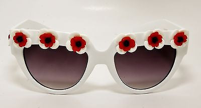 Square White Sunglasses with White, Red and Black Flowers  100%UV400