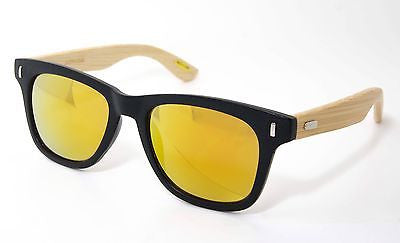 Bamboo Wooden Frame Mirror Lenses Wayfarer Sunglasses-Black & Wooden/100% UV 400