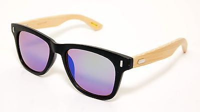 Bamboo Wooden Frame Mirror Lenses Wayfarer Sunglasses-Black & Wooden/100% UV400