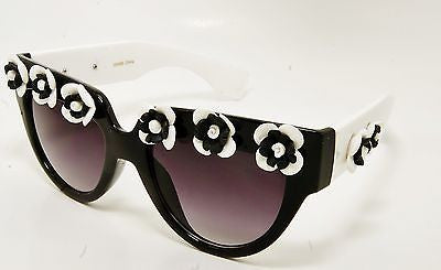 Square Black Sunglasses with White and Black Flowers  100%UV400
