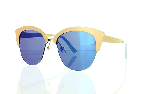 Women's Flat Beige Cateye Sunglasses With Blue Mirrored Lens 100% UV 400