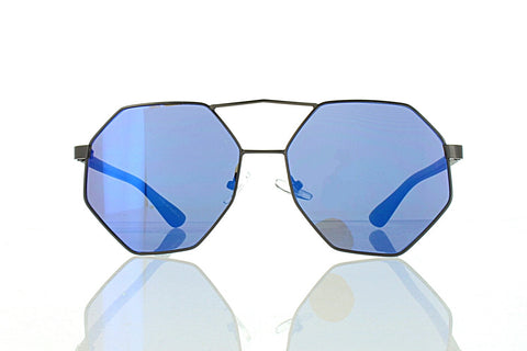 Flat Black Octagonal Aviator Sunglasses With Blue Lens 100% UV400