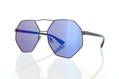 Flat Black Octagonal Aviator Sunglasses With Blue Lens 100% UV400